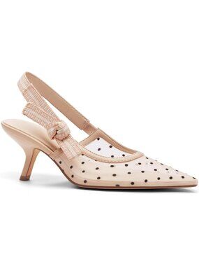 Women's Polka Dot Khaki Closed Pointed Toe Bowknot Knitted Slingback Kitten Heel